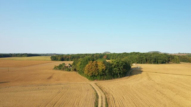 The dirt road leading to the Grange Treillard in Cuncy in Europe, France, Burgundy, Nievre, in summer, on a sunny day.&nbsp;