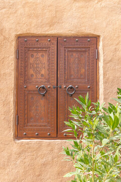 Diriyah, Riyadh, Saudi Arabia. Carved wooden window shutters in the Diriyah area of Riyadh.