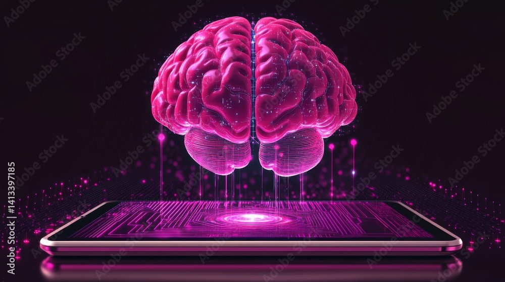 Poster examine the abstract design of an ai brain that features cloud patterns, highlighting the connection