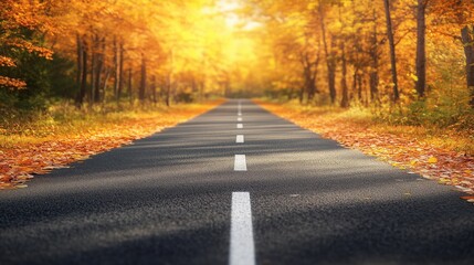 Fototapeta premium An idyllic fall pathway curves gently through a tapestry of vibrant autumn hues, affording ample room above for text, epitomizing the spirit of a seasonal journey