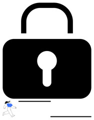 Oversized black padlock with a keyhole dominates the scene while a small person in motion signifies privacy, security, and freedom. Ideal for cybersecurity, encryption, personal data, privacy rights