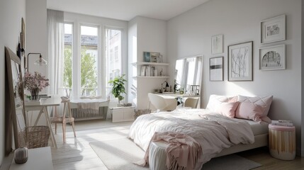Scandinavian bedroom with soft pastel tones, simple furnishings, and an abundance of natural light. 