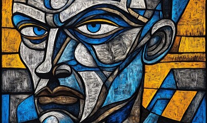 man's face with stern, strong features in stained glass affect
