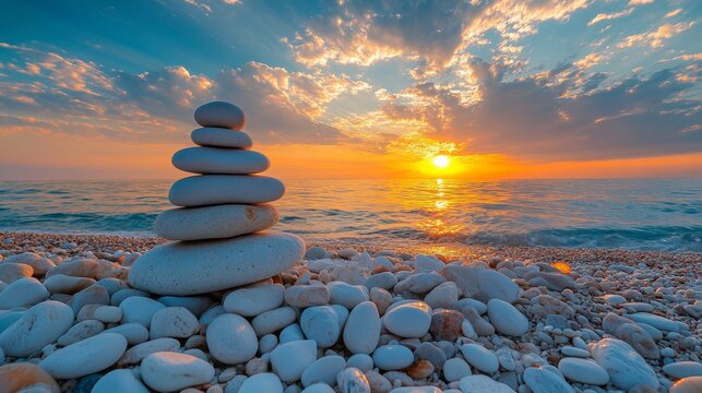 A balanced stack of rocks on a serene beach embodied the principles of harmony and simplicity, set against a backdrop of expansive negative space for text