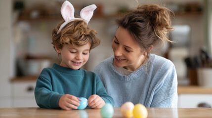 Naklejka premium Bunny Ears Egg Craft with Mother and Son for Easter Family Fun
