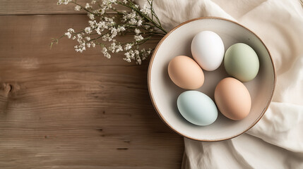 Natural Easter Eggs in Bowl on Wooden Table