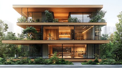 Modern wooden duplex with glowing glass high resolution picture