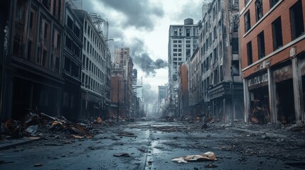 Empty street of burnt up city. Apocalyptic view of city downtown as disaster film poster concept. City destroyed by war.