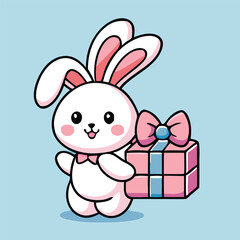 Fototapeta premium Cute Bunny Cartoon Holding Pink Gift Box With Bow On Light Blue Background
