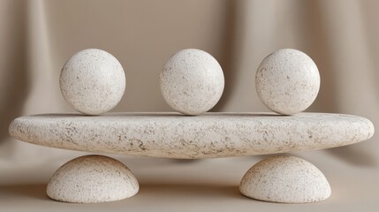 A tilted concrete surface supports three white spheres set against a textured wall