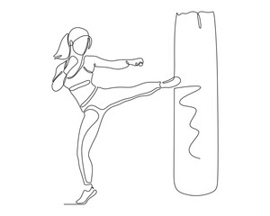Continuous line drawing of a woman doing a high kick on a punching bag. Minimalist vector illustration of female kickboxer in action, perfect for fitness, martial arts, and sports design.