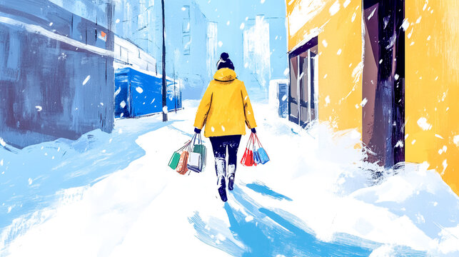 Woman walking on snowy city street after shopping spree