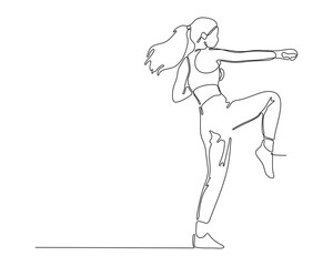 One line drawing of a woman practicing martial arts with a raised knee and punch. Minimalist vector suitable for fitness, self defense, or kickboxing themes.
