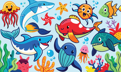 Fototapeta premium Cheerful Cartoon Sea Creatures Sharks Jellyfish And Coral Reef Illustration For Kids