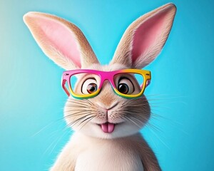 Playful bunny wearing rainbow sunglasses on vibrant background