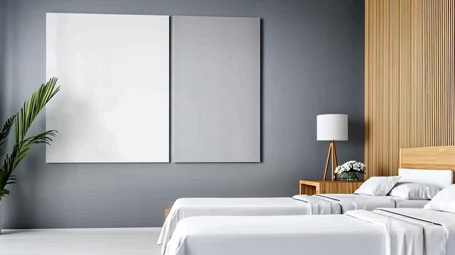 Modern bedroom design featuring twin beds, minimal decor, and a stylish plant in the corner