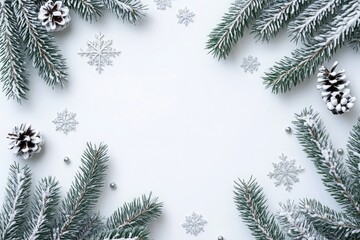 Snow Covered Spruce Twigs with Pinecones and Decorative Snowflakes on White