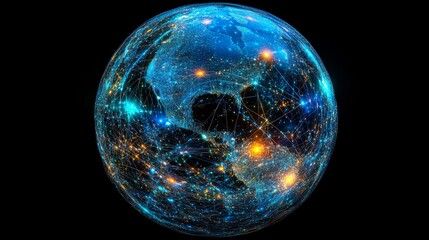 Geometric patterns and lines crisscross a glowing sphere set against a dark backdrop