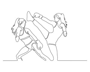 Two female boxers in a dynamic fight, single continuous line drawing. Sport and competition concept.