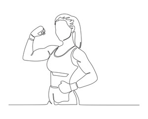 Continuous line art strong woman boxer flexing after training,Fitness and empowerment concept.