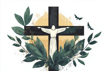 Jesus on a cross with surrounding greenery and abstract sunlight