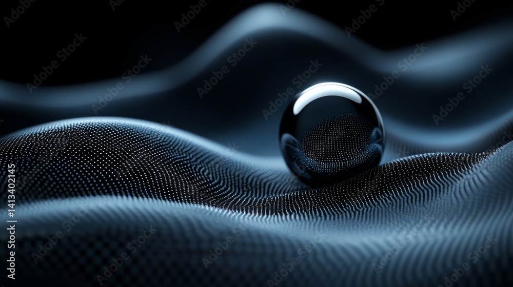 Poster a futuristic image with abstract qualities displays a grid-patterned, reflective sphere floating abo