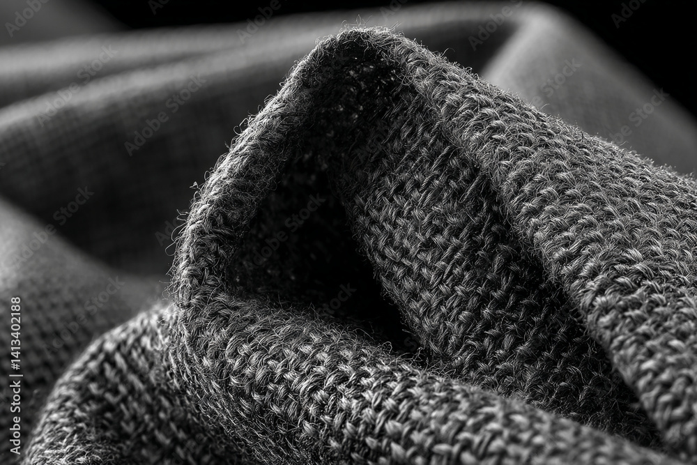 Poster Close-up of dark gray fabric texture, showing woven fibers and subtle texture variations Symbolizes strength, durability, and rustic appeal, ideal for industrial or natural themes