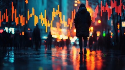 Urban Scene with Person Walking in Rain and Financial Data Overlay