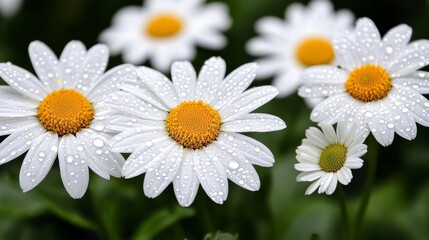 Fototapeta premium The image features a closeup shot of a white daisy, its petals adorned with water droplets, on a black backdrop