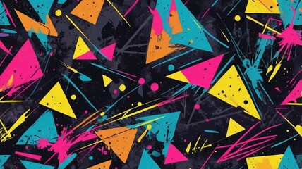 Abstract seamless grunge pattern. Urban art texture with neon lines, triangles, chaotic brush strokes, ink elements. Colorful graffiti vector background