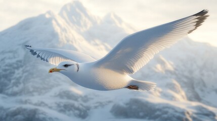 Fototapeta premium With its wings outstretched, a white bird is captured in flight against a blurred and indistinct visual backdrop
