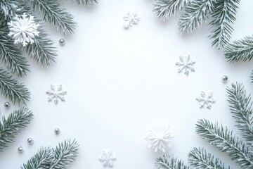 Snowy Green Fir Branches With Silver Baubles and Decorative Snowflakes on White