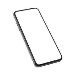 Modern black smartphone mockup lying at an angle on transparent background.