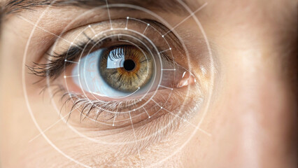 Biometric Technology and Security. Close-up of an eye with digital scanning elements overlaid.
