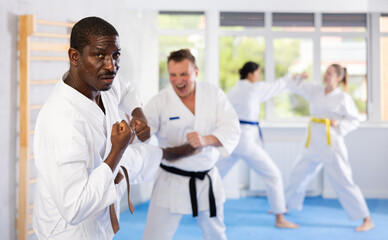 Two men practicing punches during karate classes in the gym