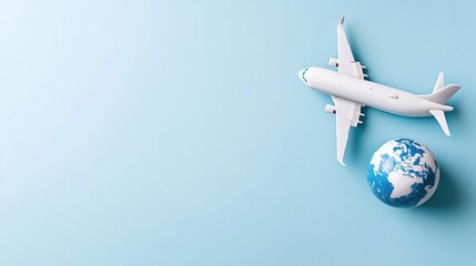 Miniature airplane descending towards globe global travel and adventure concept