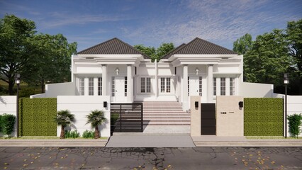 Modern White House with Pillars and Landscaping