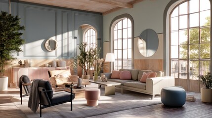 Fototapeta premium Scandinavian lounge with soft, muted colors, functional design, and abundant natural light.