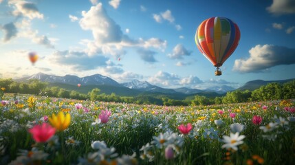 Fototapeta premium Colorful hot air balloons soar over a field of wildflowers peacefully