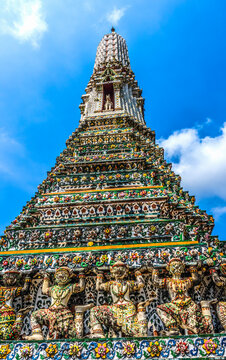 Colorful ceramic warrior horse prang, Wat Arun, Buddhist Temple of Dawn, Bangkok, Thailand.