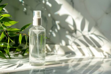 Clear spray bottle and plant shadows
