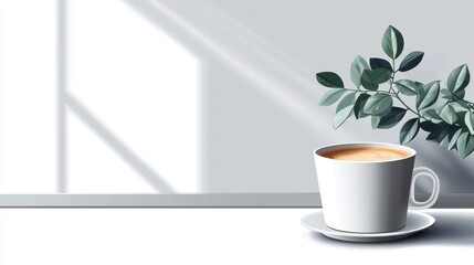 Image of a plant contained in a pot situated next to a cup with a botanical design