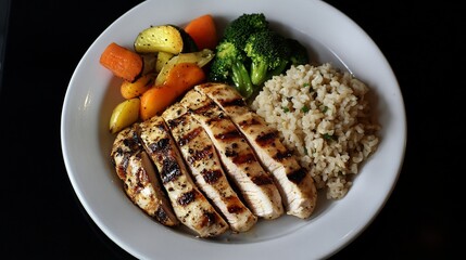 Healthy post workout meal featuring grilled chicken brown rice steamed vegetables presented on a clean plate Soft lighting enhances the nutritious nature of the meal High detail photo realistic colors