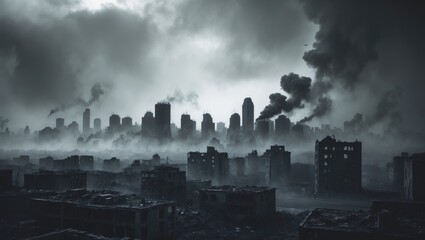 The dilapidated remains of a grand structure obscured by smoke from warfare and desertion, symbolizing war