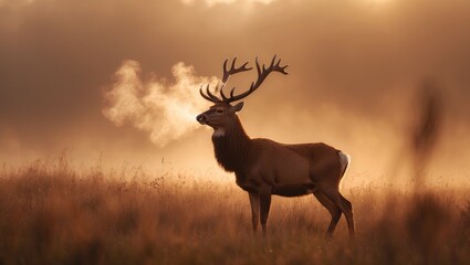 Obraz premium Impressive red deer bellowing in the early light marking the onset of the rutting season.