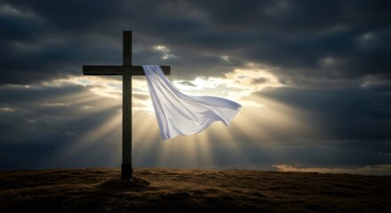 Wooden cross with white cloth against stormy sky. Christian symbol on ground for Easter celebration. Religious backdrop for gospel presentation, faith concept.