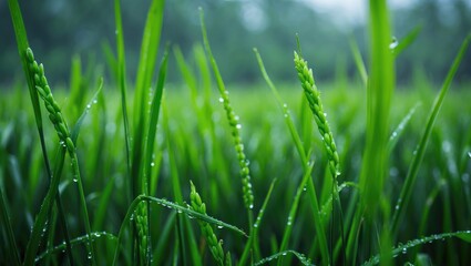 Obraz premium Morning dew blankets the rice fields, highlighting the vibrant and fertile rice plants.