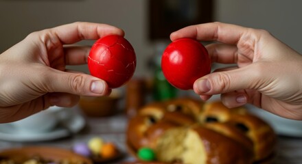 Man holds red Easter eggs, showing cracked shell after tapping. Easter egg cracking game with traditional holiday bread. Preparation for Easter celebration.
