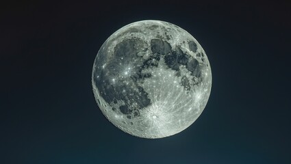 In the night sky, a large and bright full moon shines, its surface marked by craters and dark maria, giving it a detailed, textured appearance.