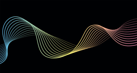 Futuristic geometric shapes neon halftone wavy lines in abstract composition. Vector illustration of gradient curved stripes. Modern design for equalizer, audio recording, digital art, web banners.